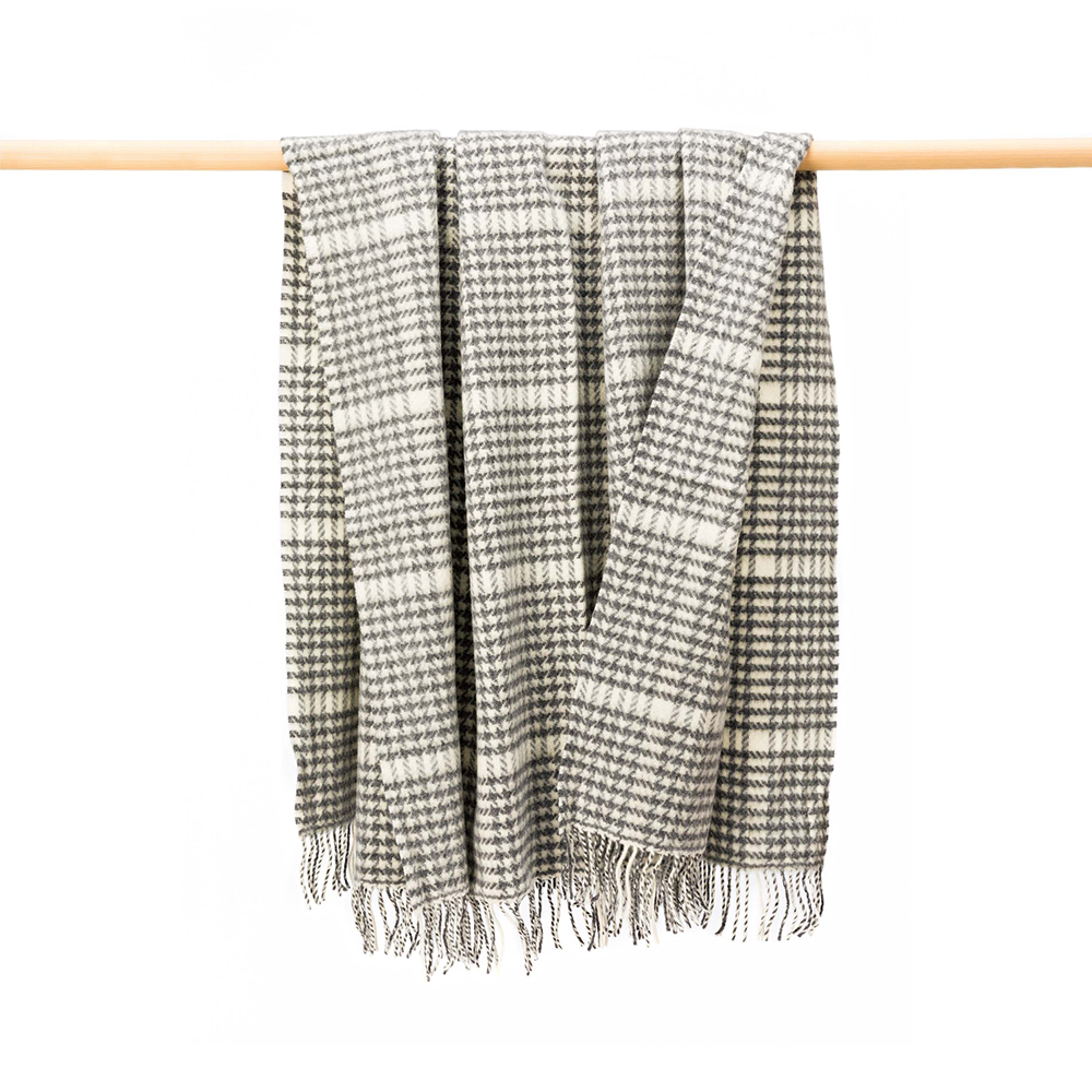 Grey & White Herringbone Check Cashmere Merino Throw