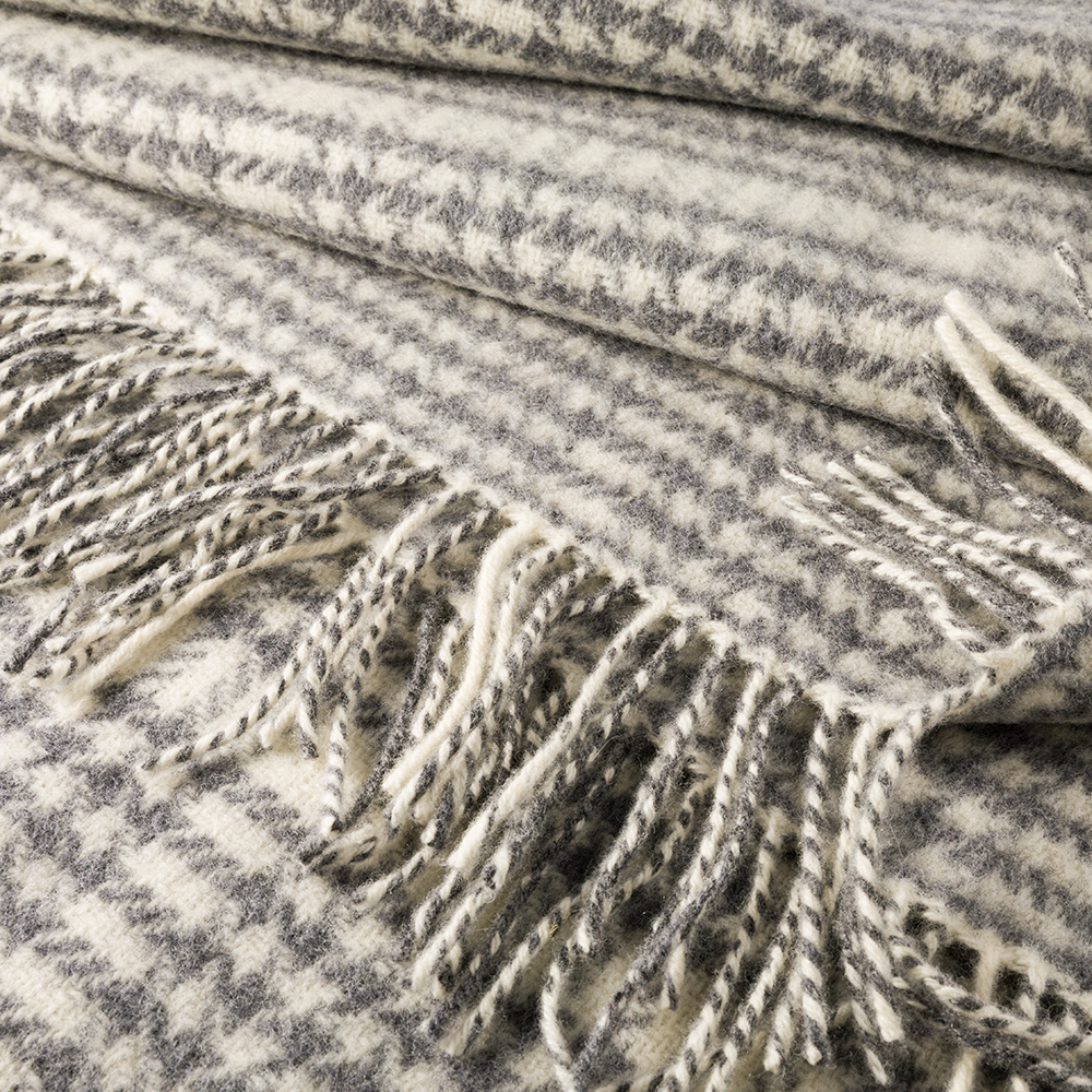 Grey & White Herringbone Check Cashmere Merino Throw