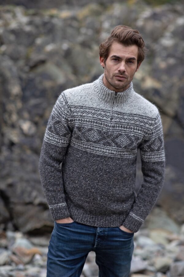 Jacquard Patterned Zip Neck Sweater - Greystone