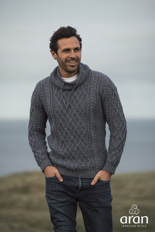 Denim Marl Aran Sweater With Drawcord Neck