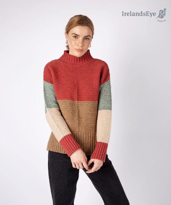 IrelandsEye Knitwear Iris Contrast Panel Funnel Neck Sweater in Sunset-Biscuit 2