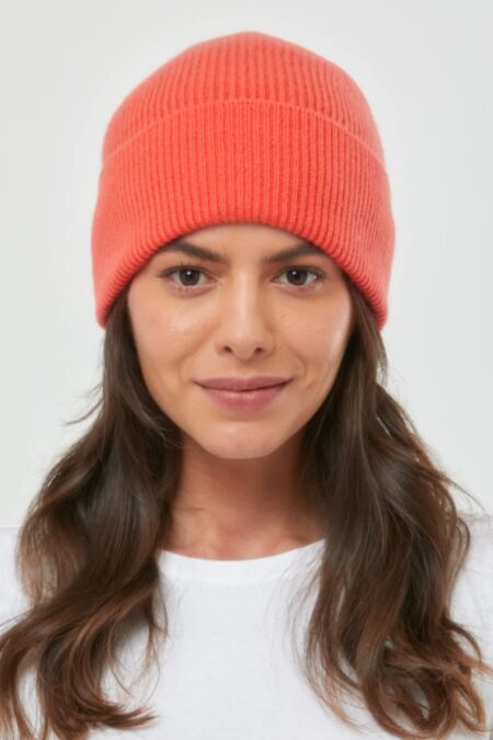 Cashmere Ribbed Beanie Hat in Orange