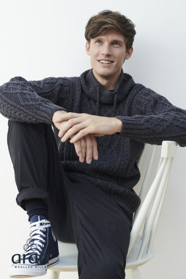 Charcoal Marl Aran Sweater With Drawcord Neck