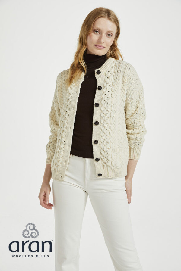 Aran_Woollen_Mills_Lumber_Cardigan_Natural_Studio_Image_Open