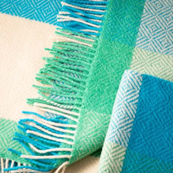 Green, Blue & Cream Large Block Cashmere Merino Throw Close Up