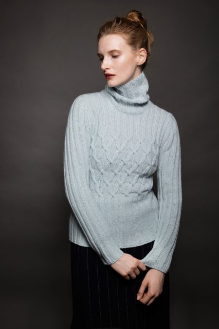 Light Grey Ribbed Polo Neck Sweater with Criss Cross Cabled Chest