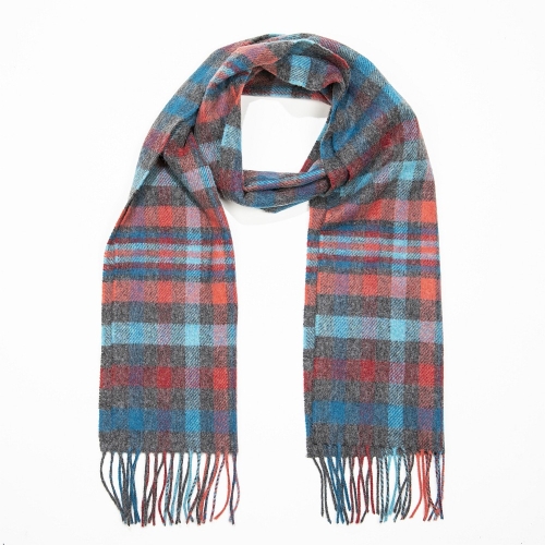 Grey, Aqua, Pink & Red Check Lambswool Scarf