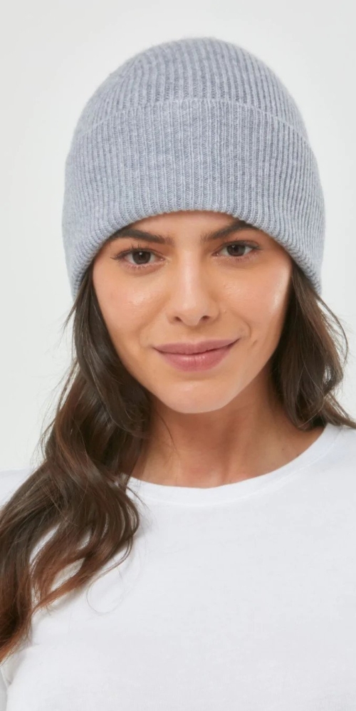 Cashmere Ribbed Beanie Hat in Light Grey