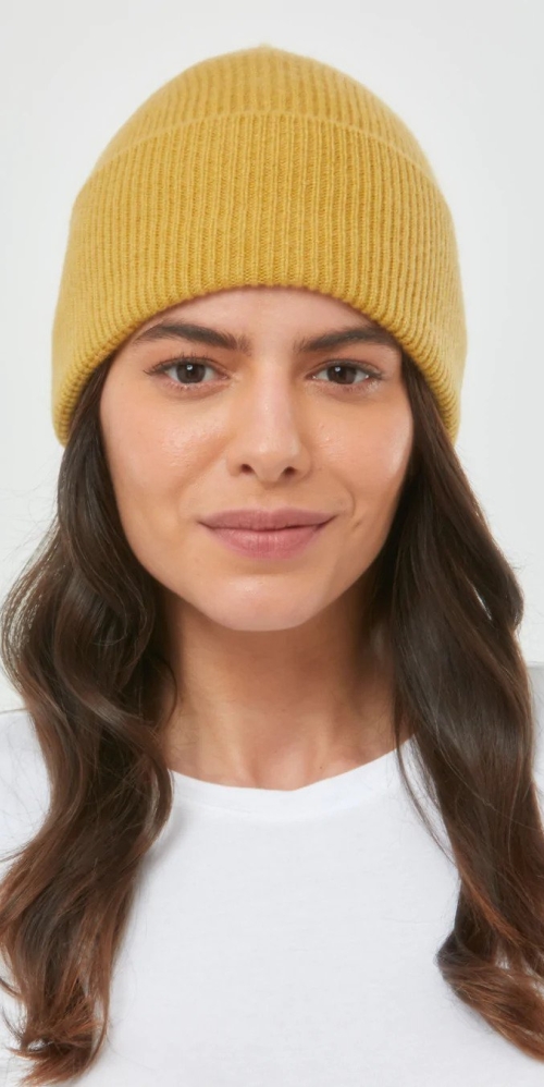 Cashmere Ribbed Beanie Hat in Mustard