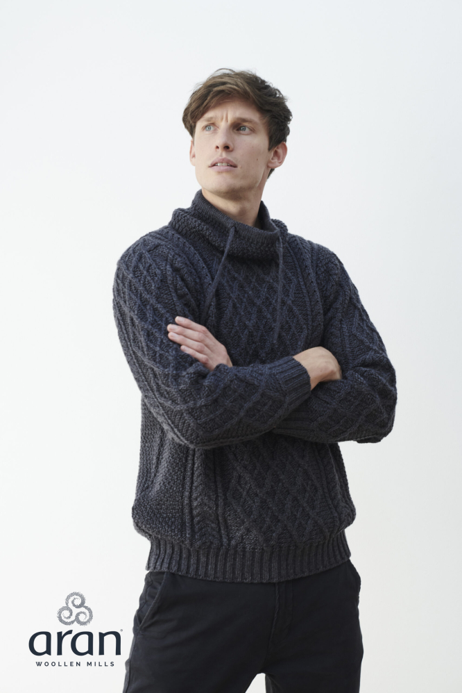 Charcoal Aran Sweater With Drawcord Neck