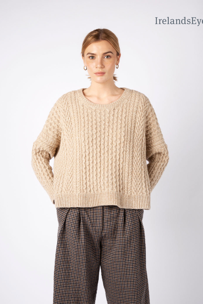 IrelandsEye Knitwear Sorrell Cropped Aran Sweater in Seashell