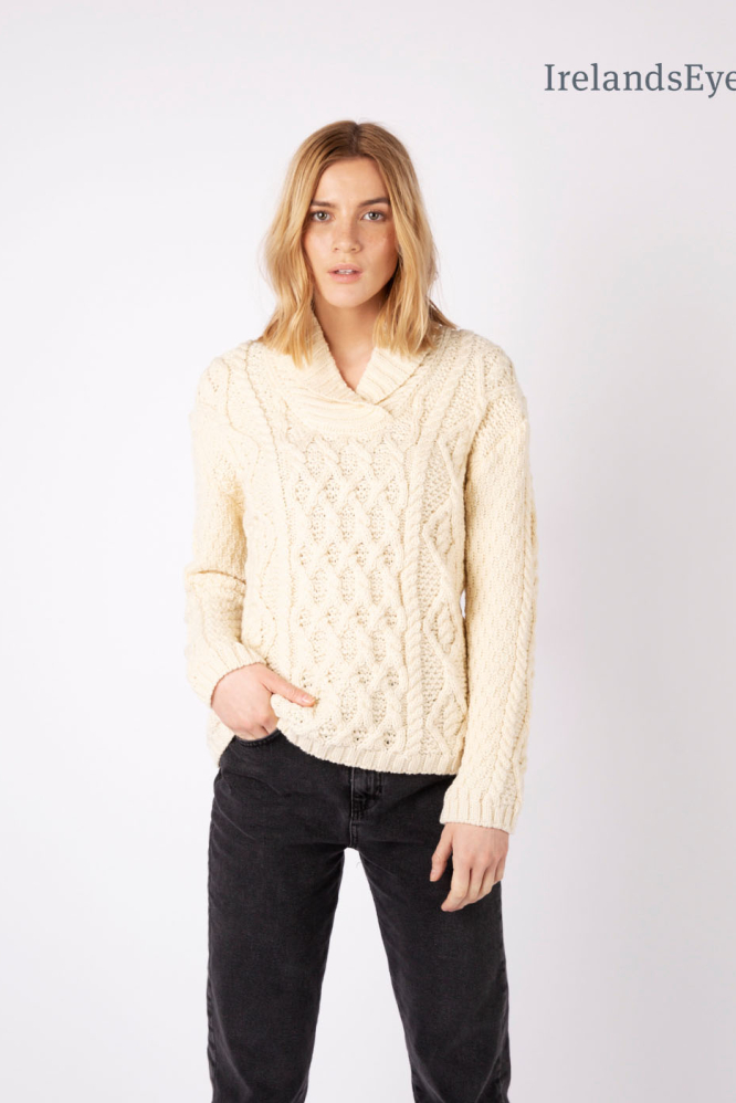 IrelandsEye Knitwear Bramble Aran Shawl Collar Sweater in Natural