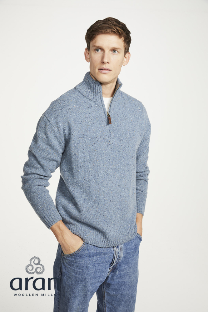 Blue Fleck Donegal Wool Zip Neck Sweater