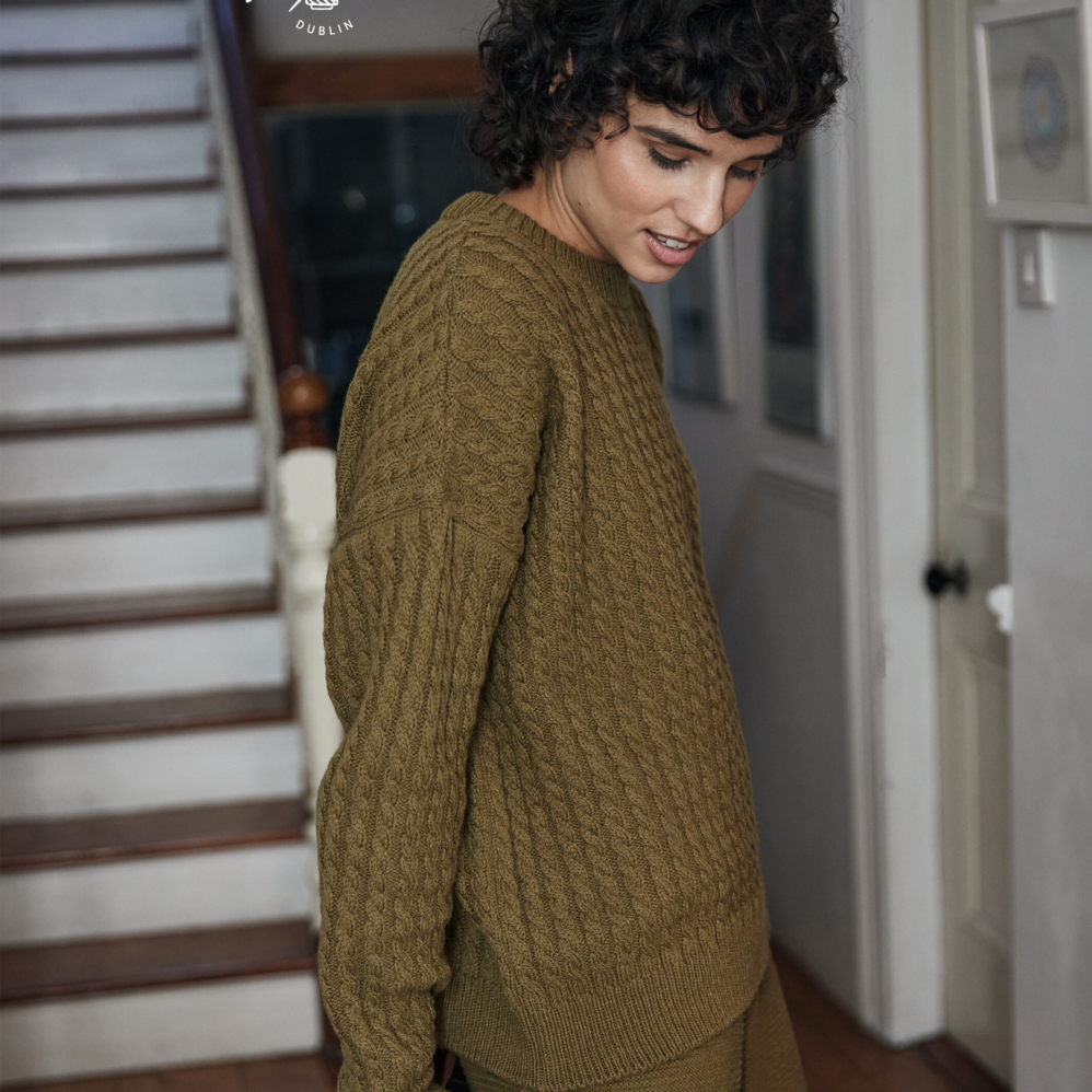 IrelandsEye Knitwear Corbin Cable Crew Neck in Khaki