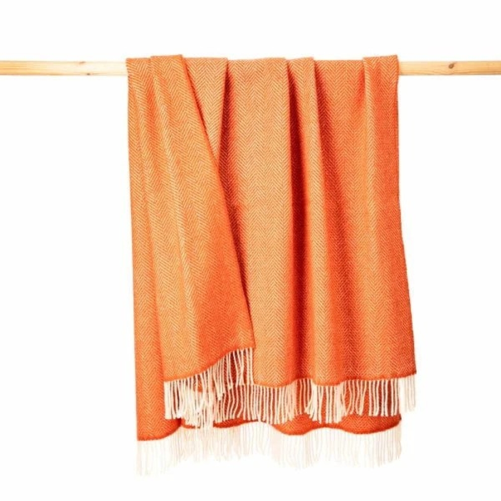 Orange & Cream Herringbone Cashmere Throw