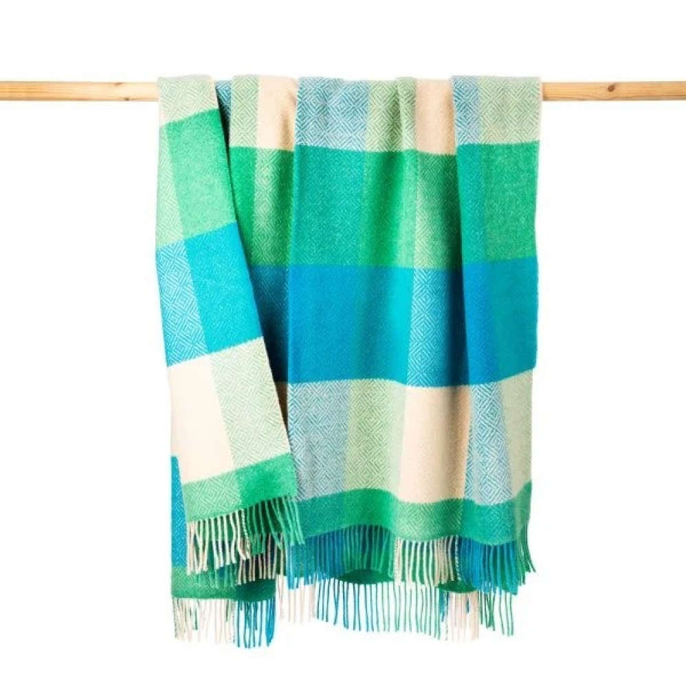 Green, Blue & Cream Large Block Cashmere Merino Throw