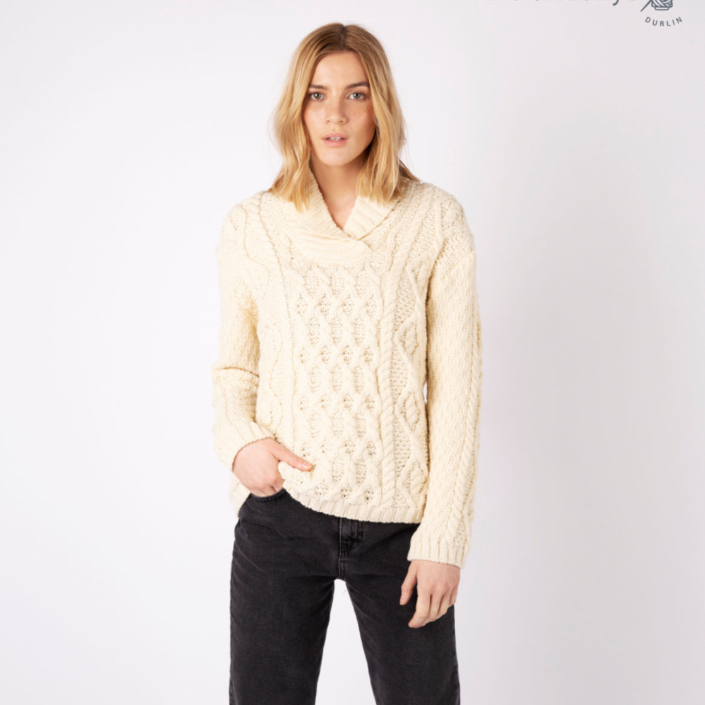 IrelandsEye Knitwear Bramble Aran Shawl Collar Sweater in Natural